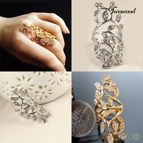 Twowood Fashion Wanita's Berlian Imitasi Mengkilap Berongga Daun Bersama Armor Knuckle Cincin Perhiasan