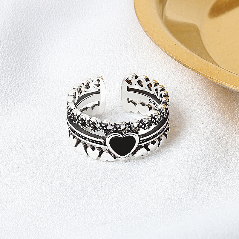 S925 Sterling Silver Cincin Untuk Wanita Jantung Zirkon Hitam Mahkota Jari Terbuka Adjustable Cincin Trendi Vintage Halus Jelwery