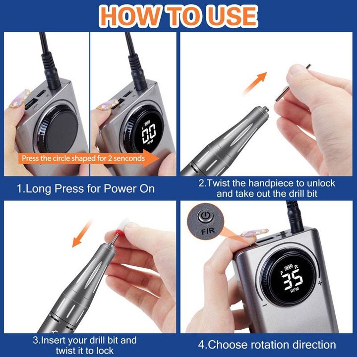 UV-201 Electric Nail Drill Machine 2 IN 1 Alat Kikir Kuku Elektrik Rechargeable Nail Drill Nail Gel Polisher 35000 rpm