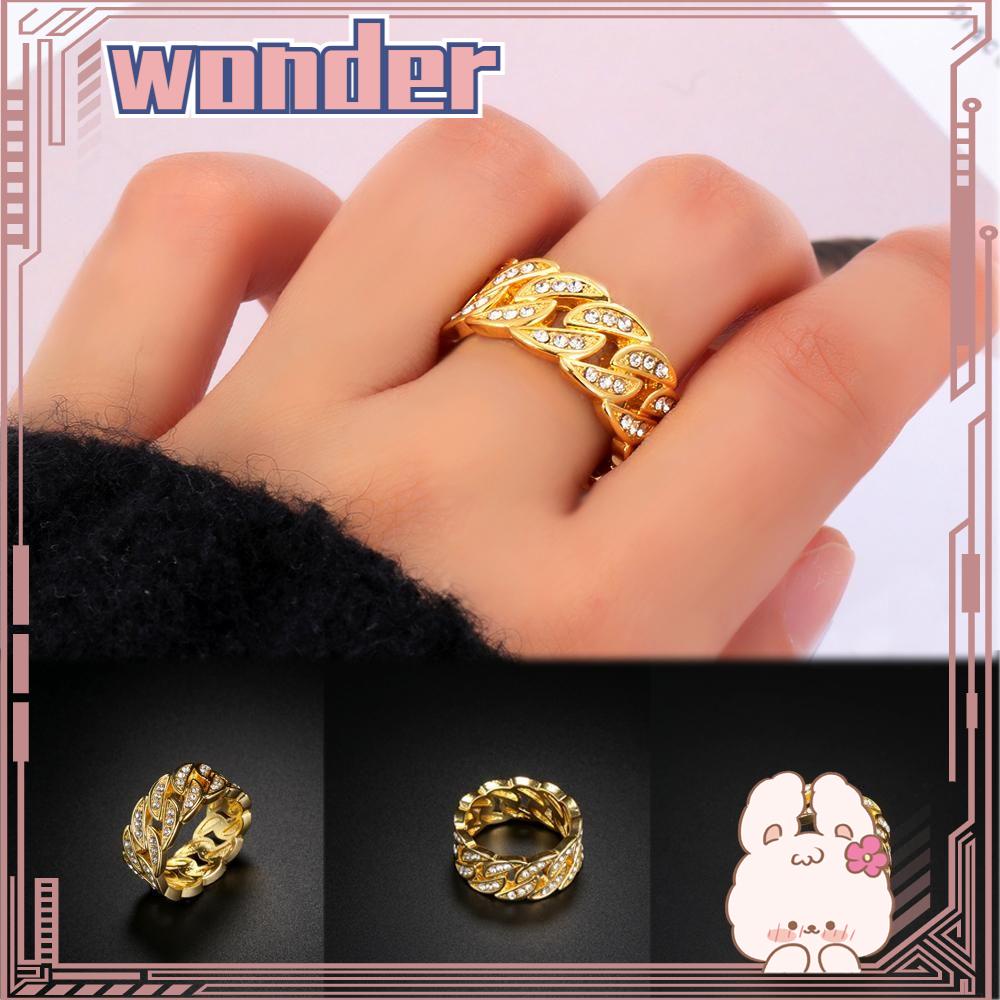 Wonder Cincin Emas Kuba Lebar 10 mm Mewah Mengkilap Fashion Gelang Wanita Pria Hias Berlian Imitasi