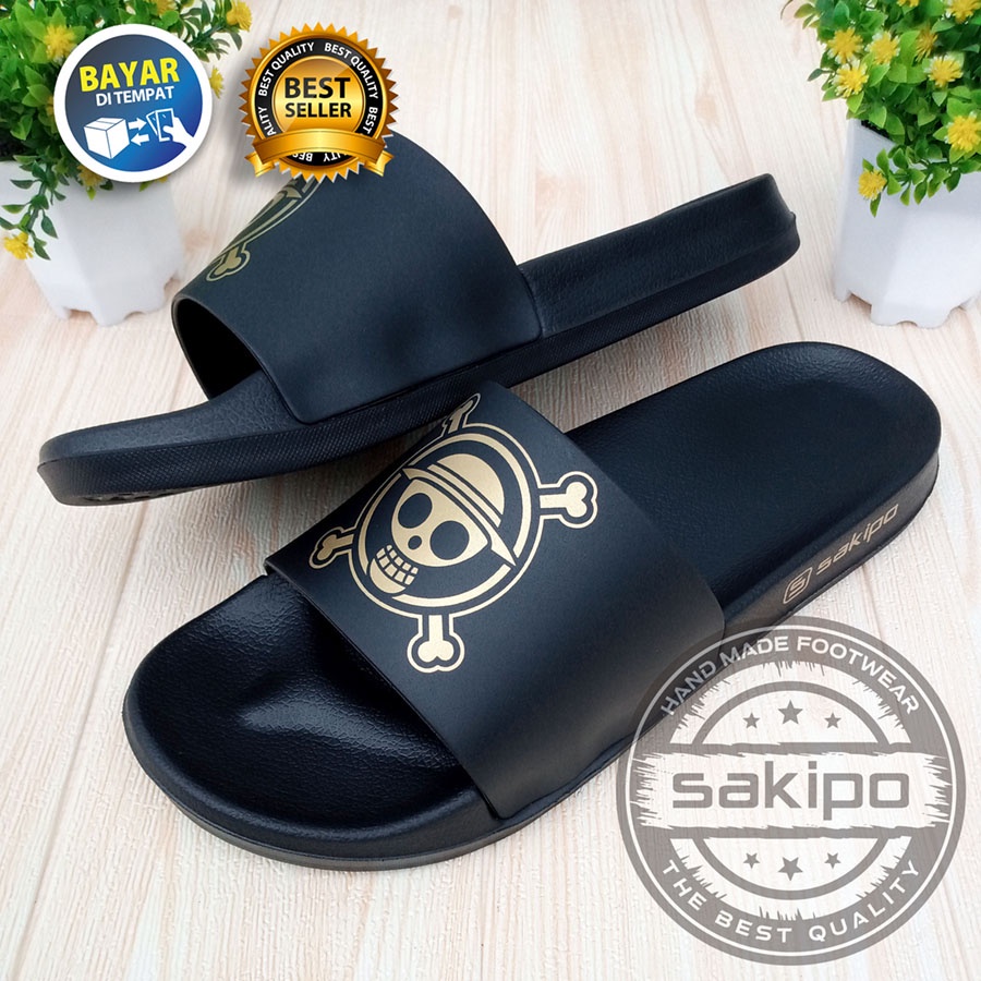 PROMO 2.2 COD SALE !! SANDAL DISTRO KEREN KEKINIAN PRIA DEWASA REMAJA SLIDE HITAM EMAS MOTIF TENGKORAK LUFFI ONE PEACE / SENDAL SLIDE MURAH / SANDAL TAHAN AIR KEKINIAN / SAKIPO