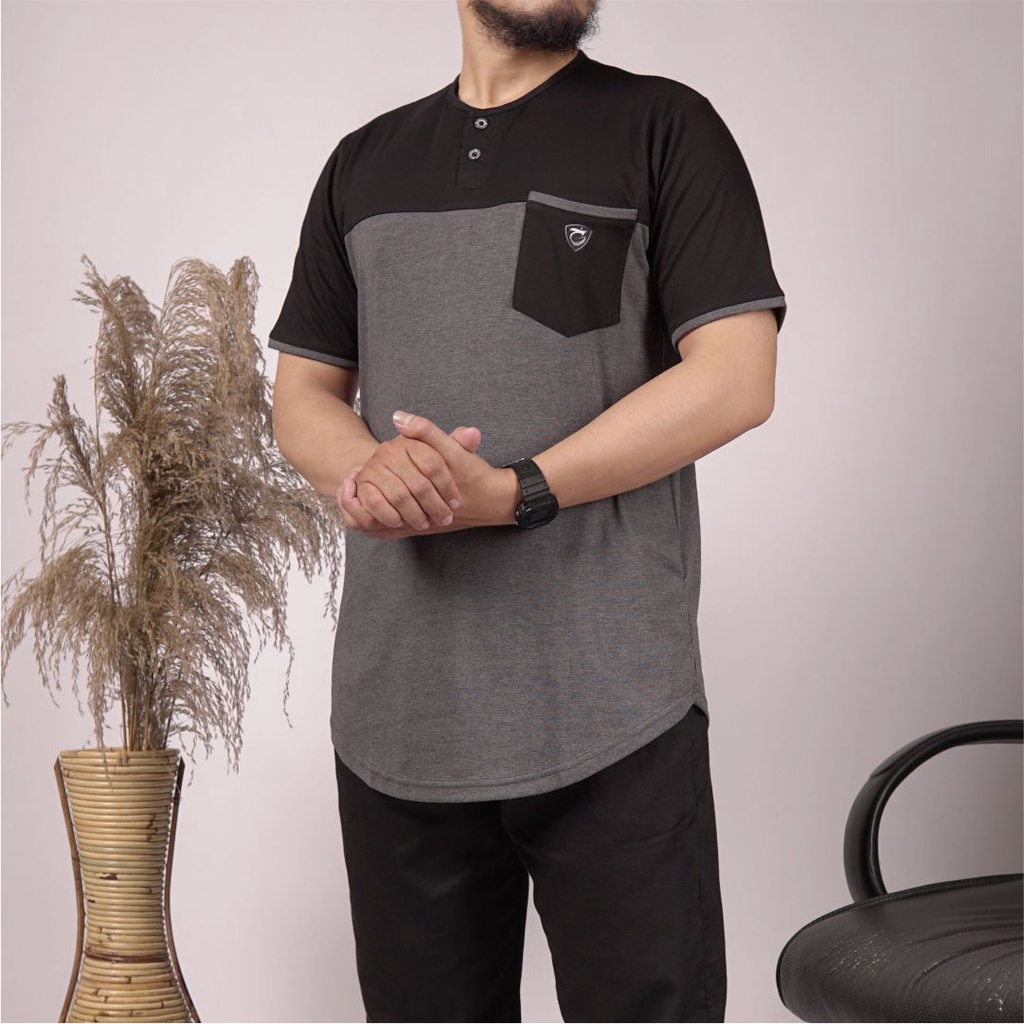 Baju Koko Kurta Pria Tangan Pendek Premium Quality | Qurta Polos Pendek Warna Abu Tua | Berbahan 100