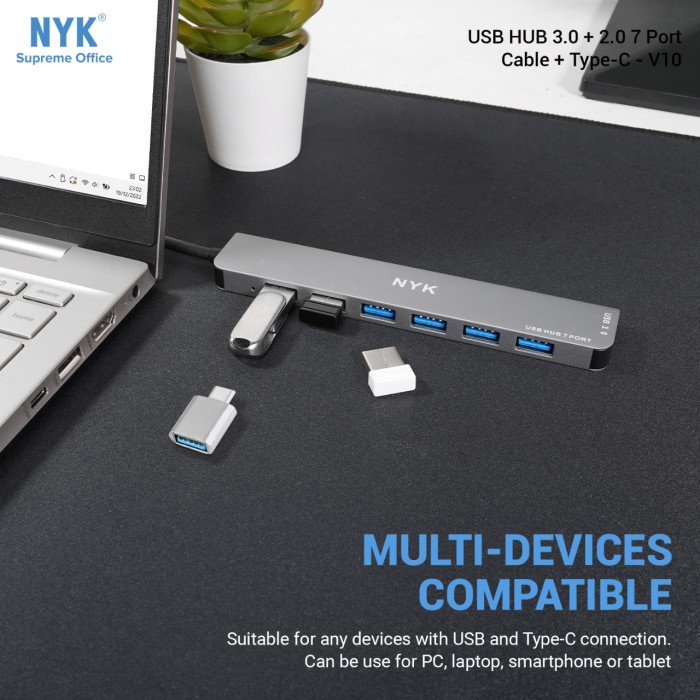 USB HUB 3.0 NYK V10 7 Port Cable 1M + OTG Type-C