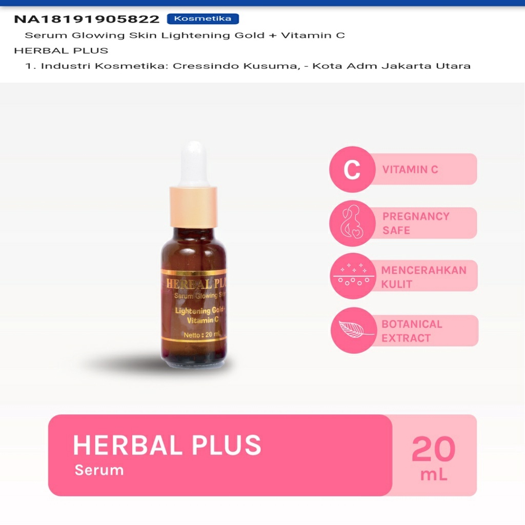 HERBAL PLUS SERUM BPOM Glowing Skin Lightening Gold + Vitamin C 20ml ORIGINAL