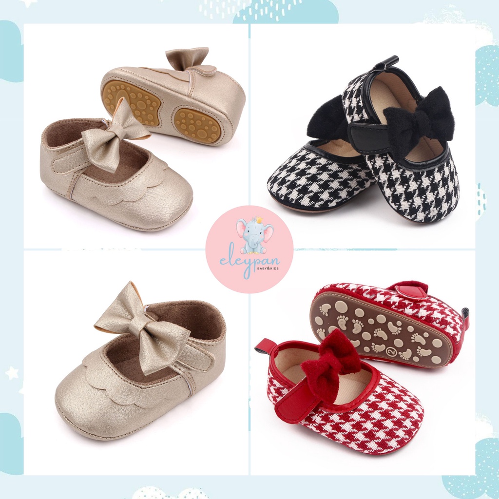 Flats Shoes IMPORT Tapak Karet Sepatu Flat Anak Perempuan Prewalker Bayi Impor Motif Pita Emas Ribbon Tie