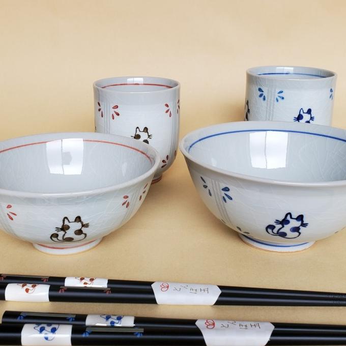 Wedding Set Mangkok Gelas Keramik Kucing Biru Coklat IMPORT JEPANG