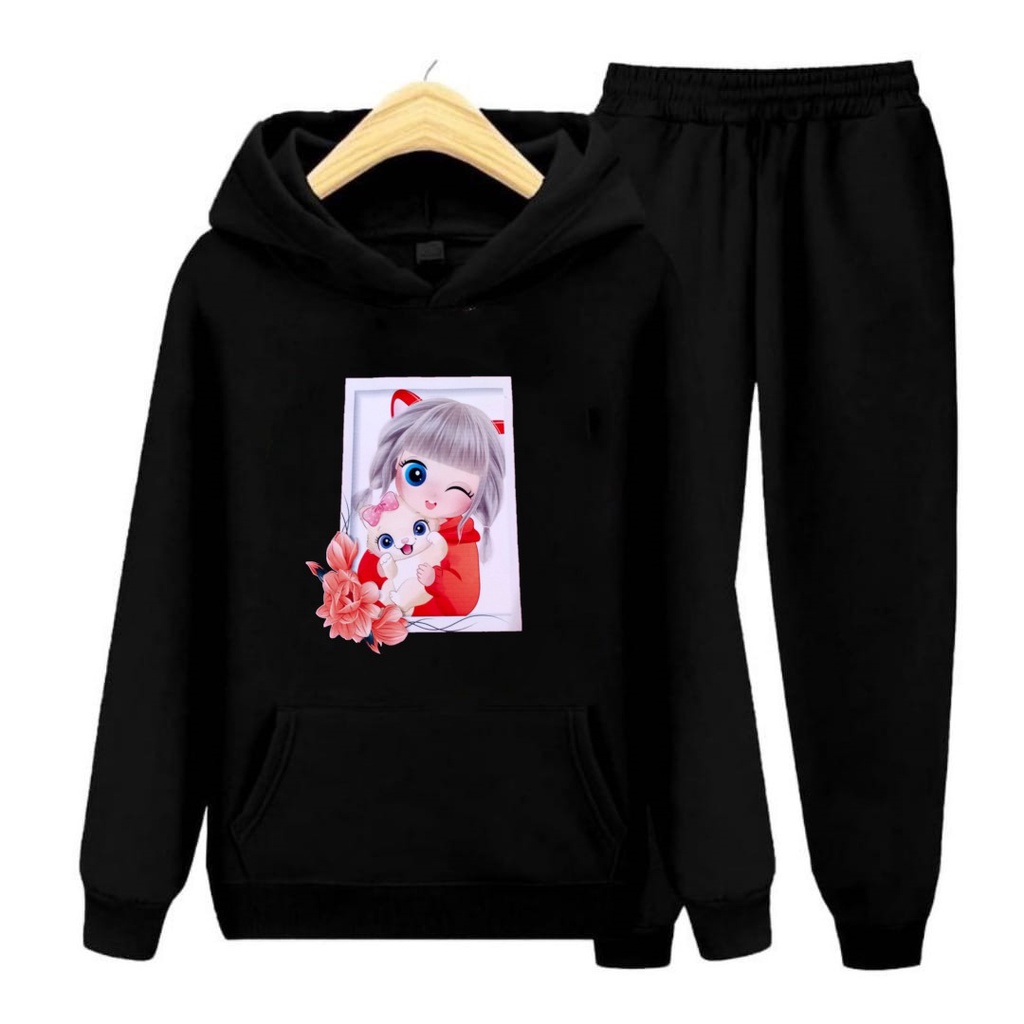 Baju Setelan Sweater Anak Perempuan Viral Motif Printing Kitty Girl