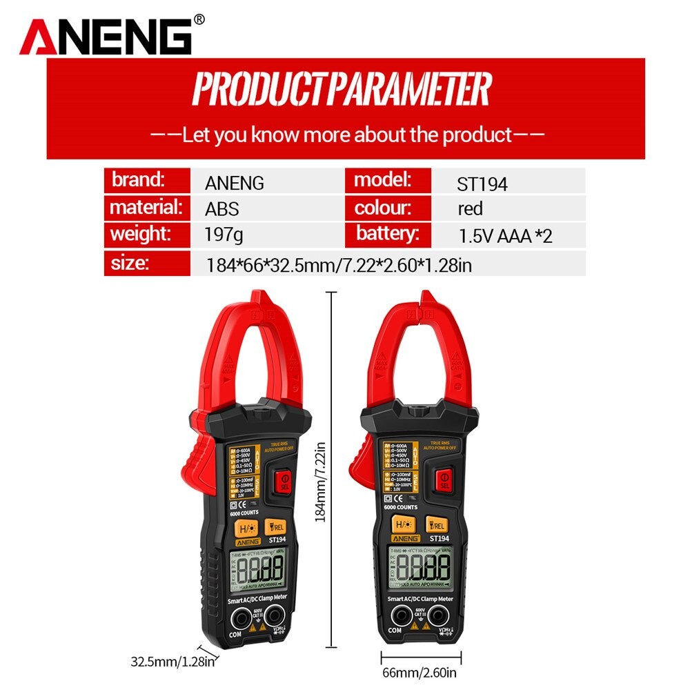 ANENG Digital Multimeter Voltage Tester Clamp - ST194 - Red