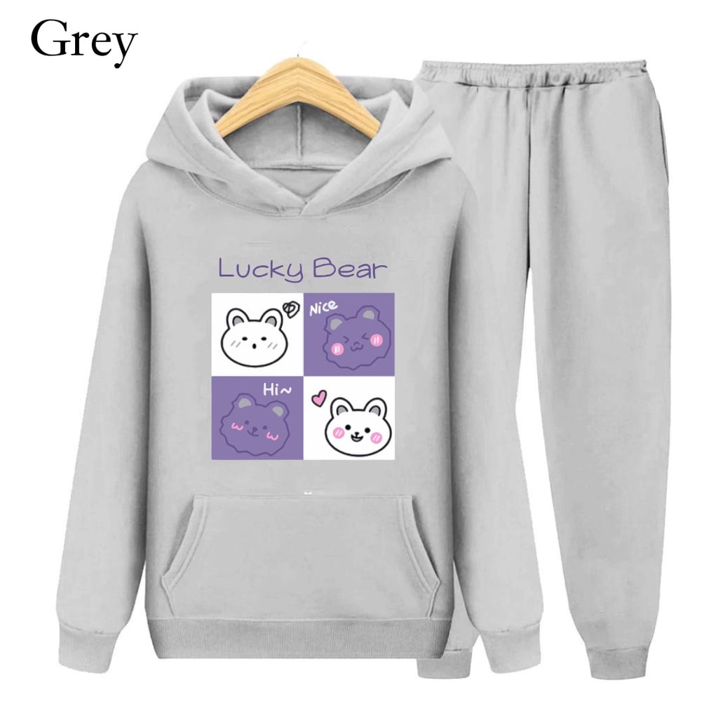 Hzl_outfit SETELAN HOODIE SWEATER LUCKY BEAR ANAK S.M.XL