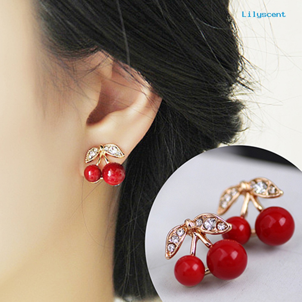 [LS] Wanita Merah Cherry Bening Berlian Imitasi Ear Studs Beads Golden Alloy Leaves Earrings