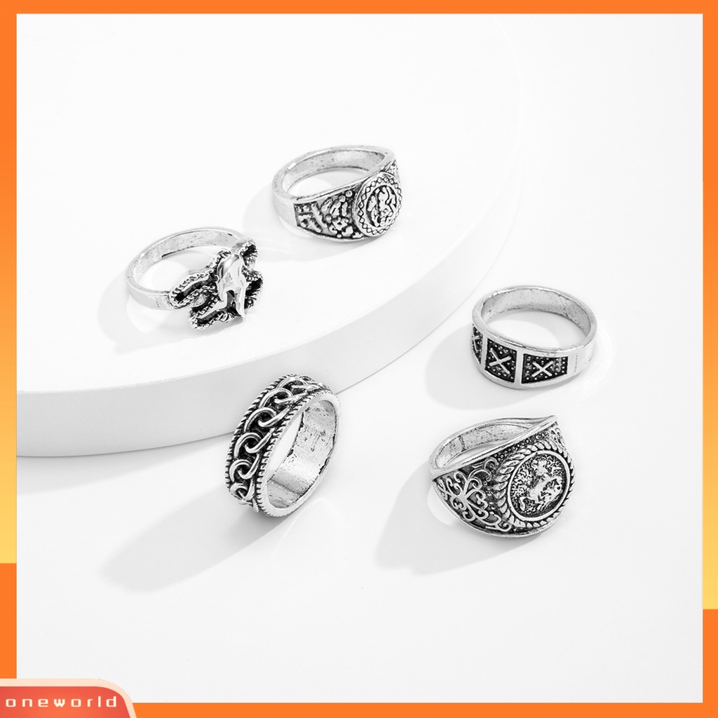 [ONWL] 5pcs/set Cincin Buku Jari Pola Halus Geometris Mewah Retro Electroplating Dekorasi Perhiasan Pria Vintage Gothic Knuckle Joint Rings Untuk Pesta