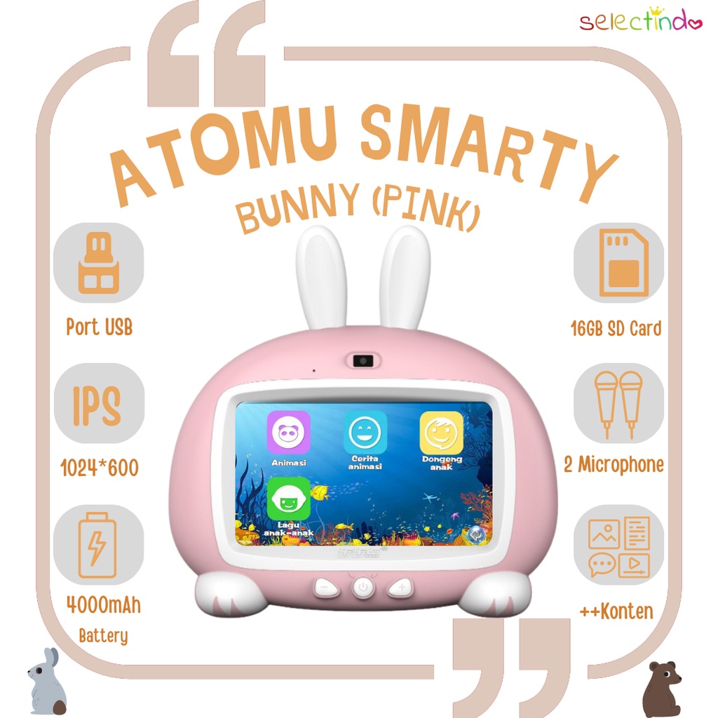 Atomu Smarty Bunny / Mainan Anak Karaoke / Video / Musik / Kartun / Drawing / Game / Edukasi / 7'' Touch Screen / USB Bisa