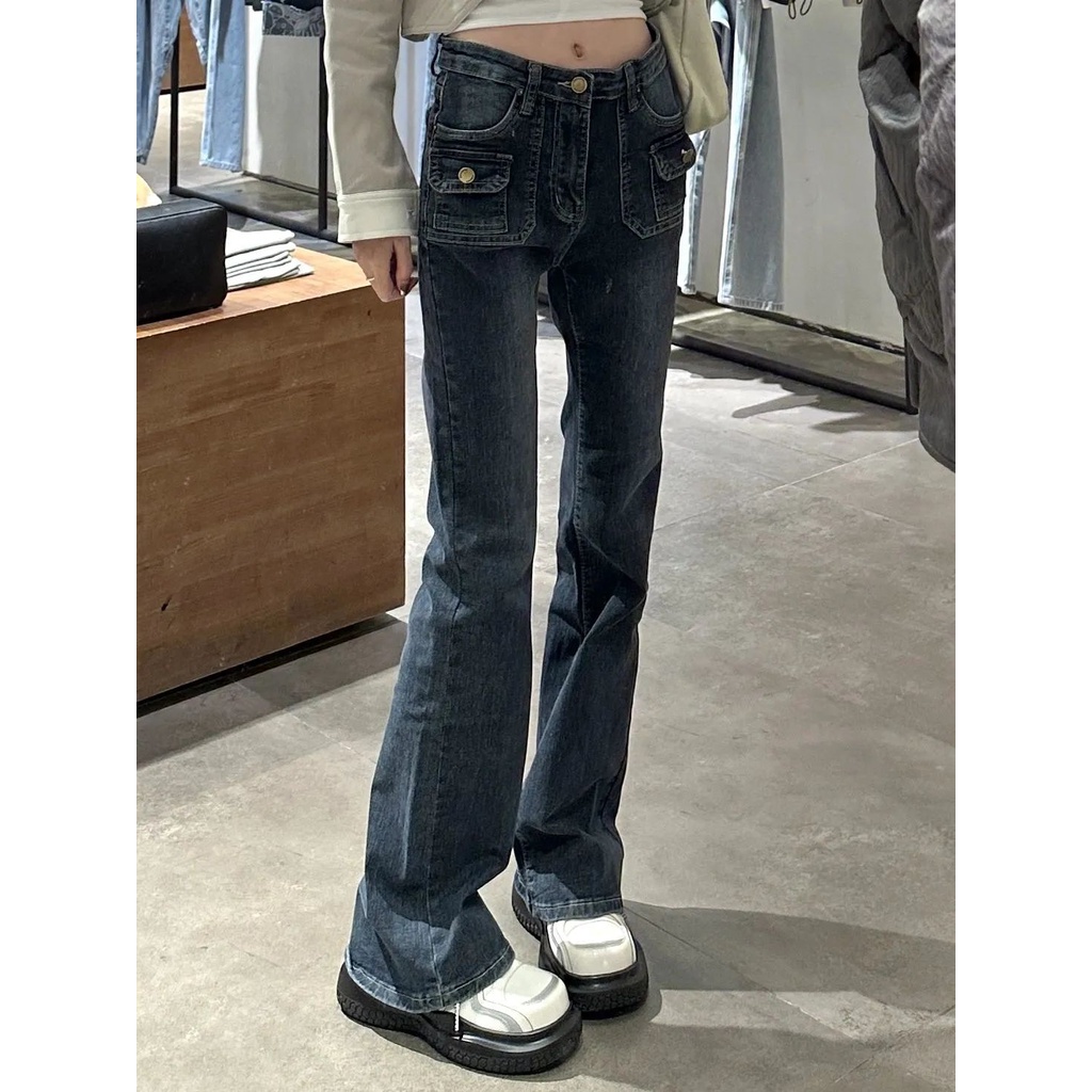 Red Retro Biru Tinggi Pinggang Berkobar Celana 2022 Musim Gugur dan Musim Dingin Gaya Baru Mikro Diluncurkan Jeans Wanita Elastis Slim slim Mengepel Celana