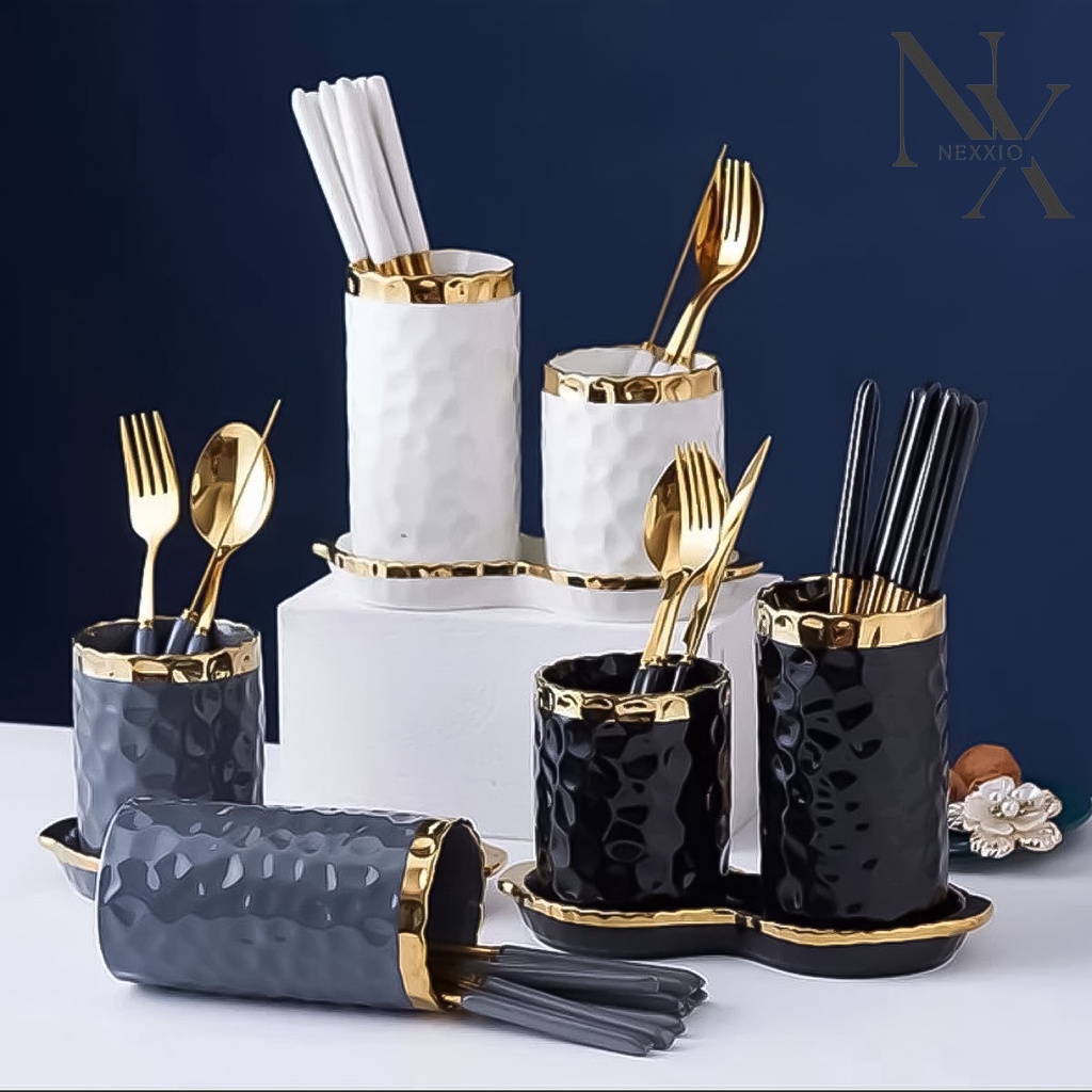 NexXio Nordic Chopsticks Tube Holder Tempat Sumpit Tempat Sendok Keramik / tempat sendok set / Tempat Sendok Garpu Sumpit Keramik Marmer Emas