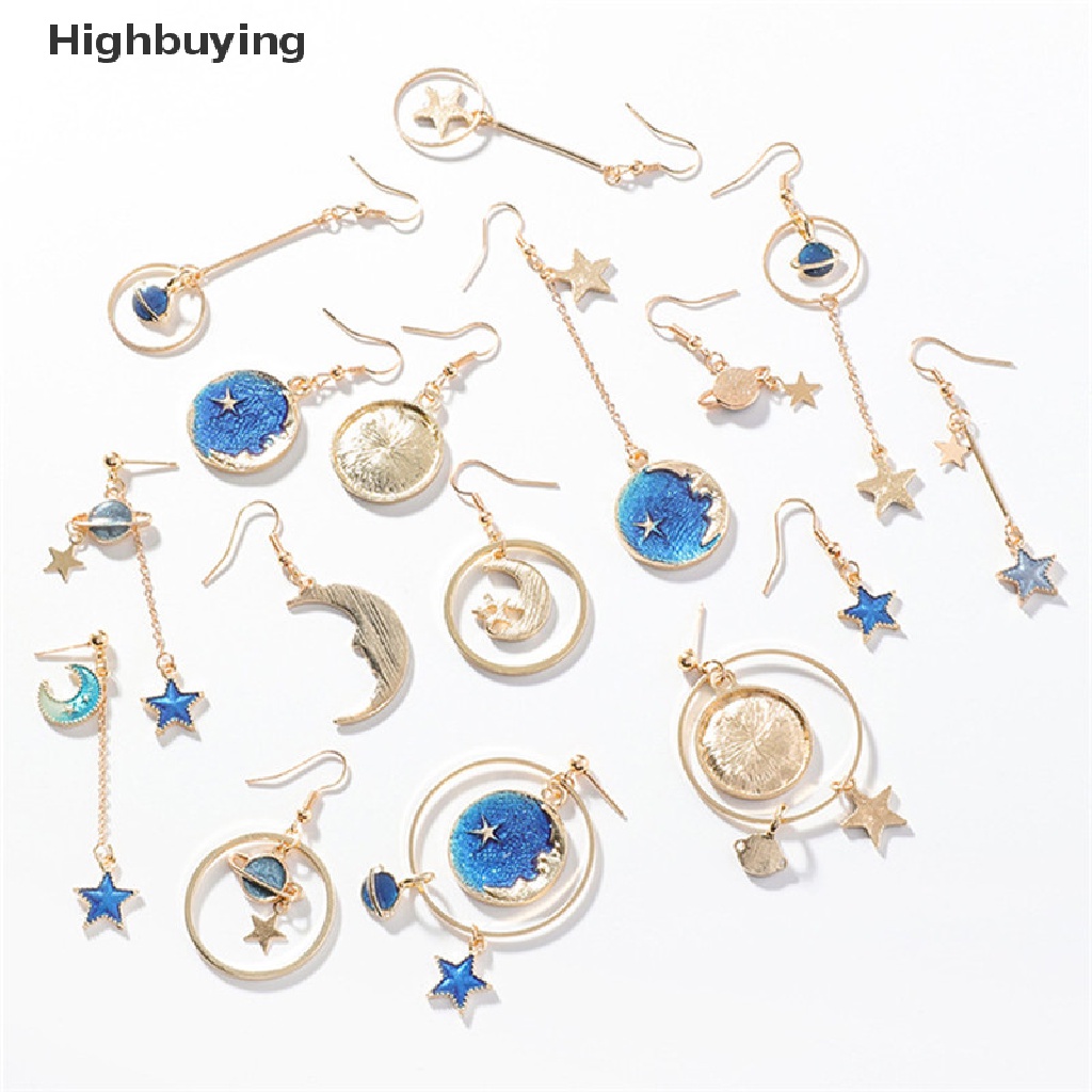 Hbid Biru Bintang Bulan Panjang Drop Menjuntai Anting Wanita Planet Ear Stud Earrings Perhiasan Glory