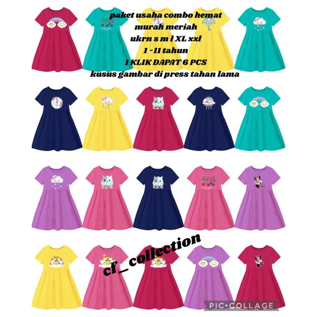paket usaha combo hemat 1 klik dapat 6 pcs dress Anak Perempuan 1-11 tahun kusus gambar dtf press