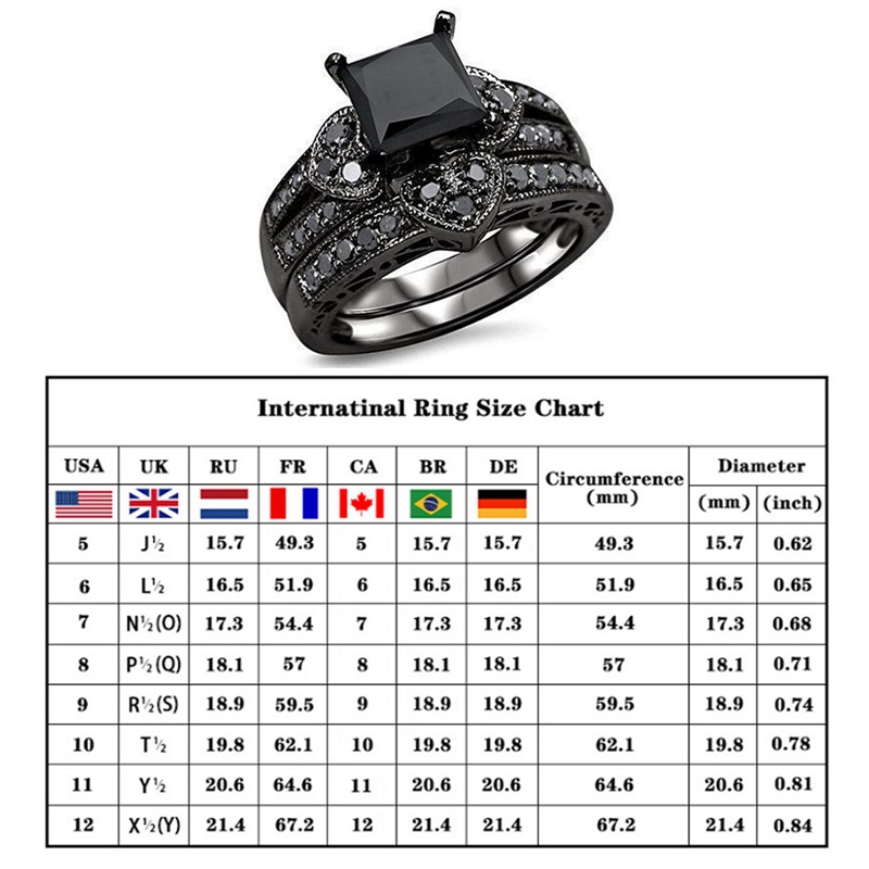 Fashion Wanita Persegi Hitam Cubic Zirconia Pengantin Cinta Hati Berlian Imitasi Set Cincin Pertunangan