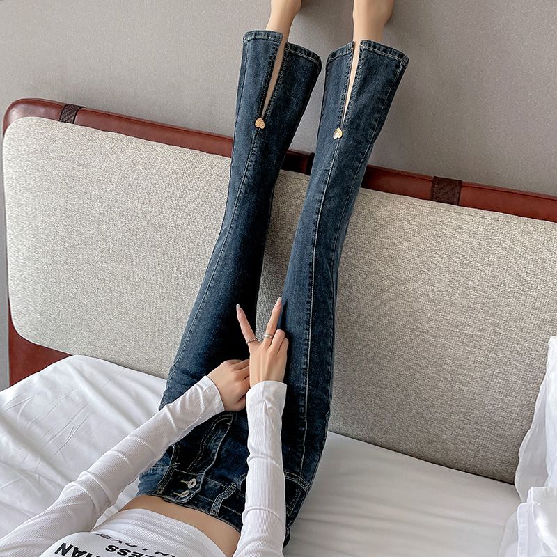 Red Musim semi dan musim gugur biru abu-abu elastis micro flared jeans wanita celah baru pinggang tinggi ramping delapan atau sembilan poin longgar versi Korea all-match