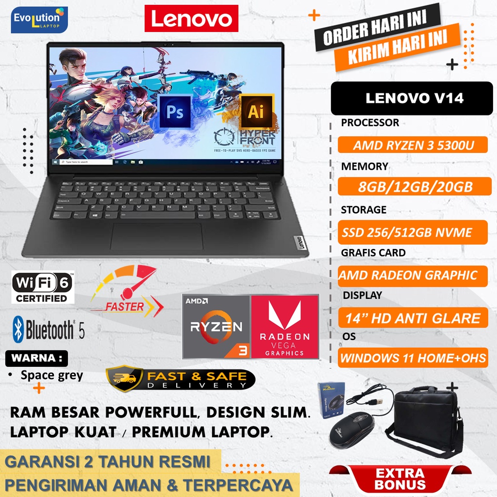 Laptop Slim Lenovo V14 G2 AMD RYZEN 3 5300U 20GB 512GB 14&quot; Vega 6 Windows 11 Home Iron Grey Terlaris