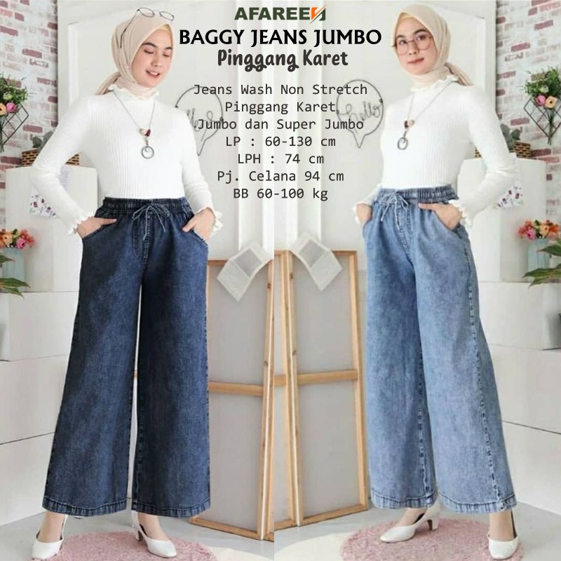 AFAREEN - Kulot Jeans Pinggang Karet Kolor Wanita Celana Baggy Jeans Snow Super Jumbo BB 60-100 Kg
