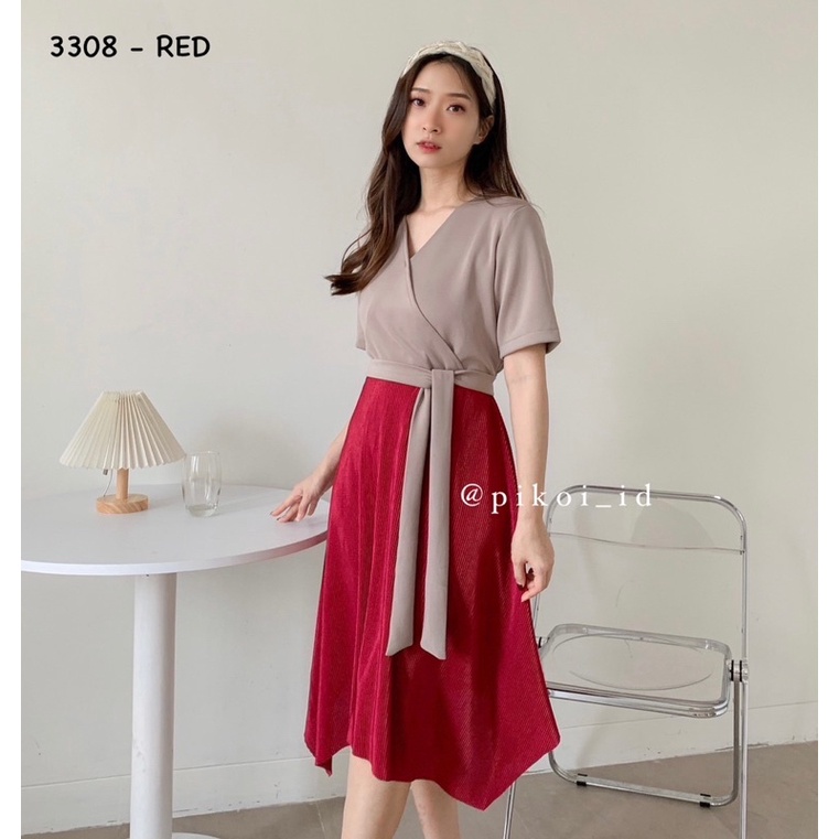 Dress wanita v neck rok plisket / dress kombinasi pleats cantik / dress merah imlek CNY 3308