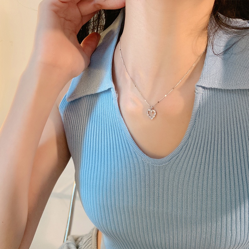 Papaozhu Elegan Bersinar Zirkon Berongga Jantung Liontin Kalung Untuk Wanita Gadis Halus Tulang Selangka Rantai Kalung Fashion Perhiasan Hadiah