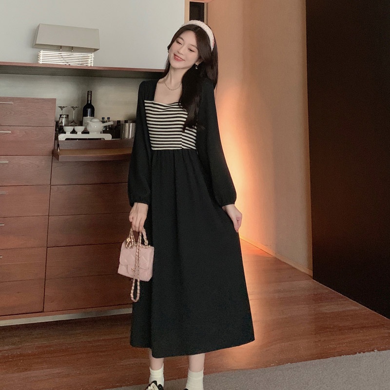 Fashion Lengan Panjang Dress Wanita Midi Retro A-Line Bergaris Gaun Hitam