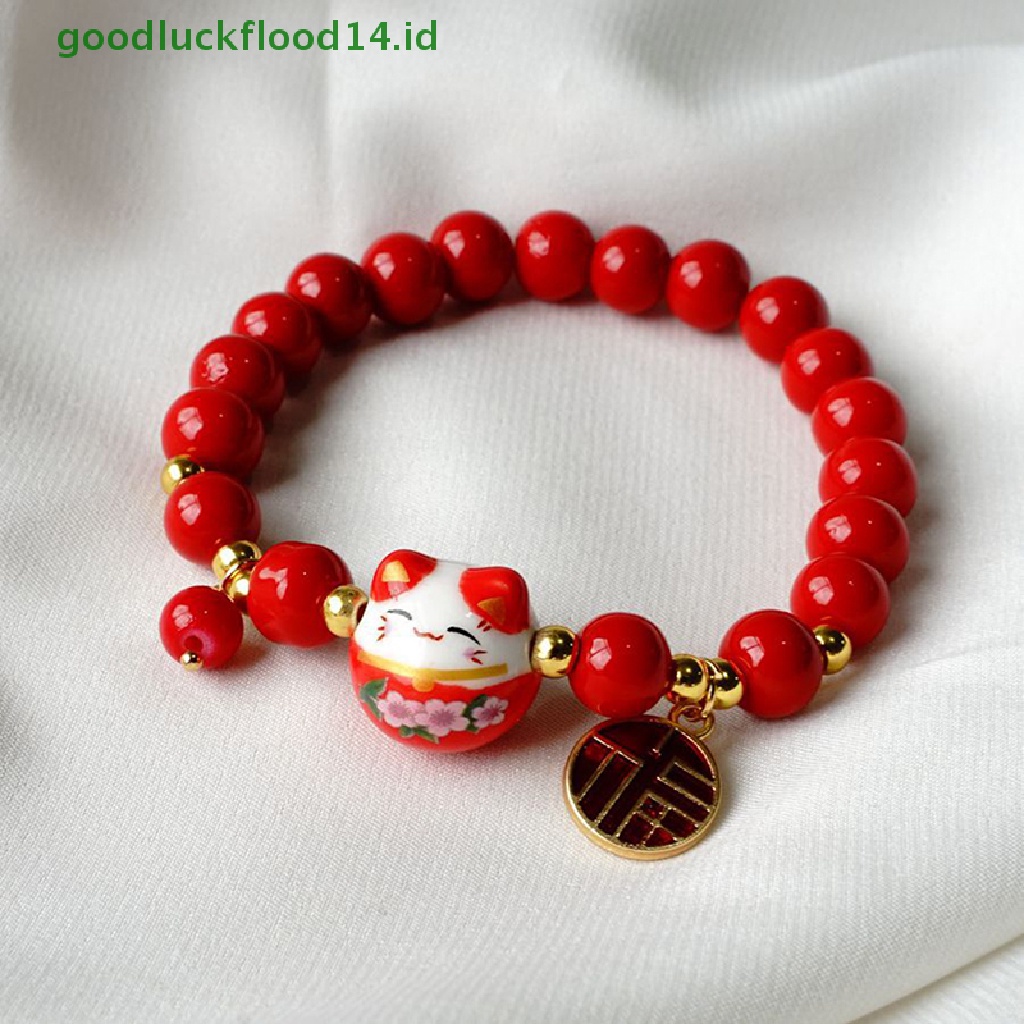 [GOOGFOUR] Manik-manik Merah Gelang Keramik Tali Tenun Tangan Manik-Manik Plutus Kucing Stretch Bracelet [TOP]