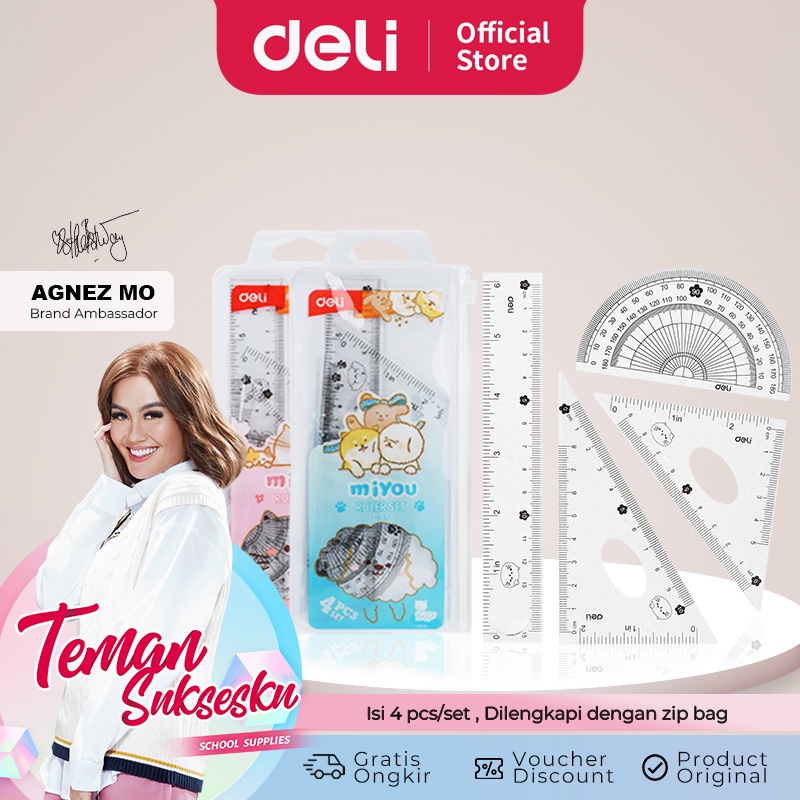 Deli Ruler Set / Set Penggaris Isi 4pcs Packaging Zip Bag Desain Miyou EH657