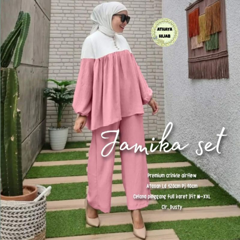 Baju Setelan Jumbo Crinkle Airflow LD 120 Jamika Oneset Wanita Setcel Terbaru By Athaya Hijab