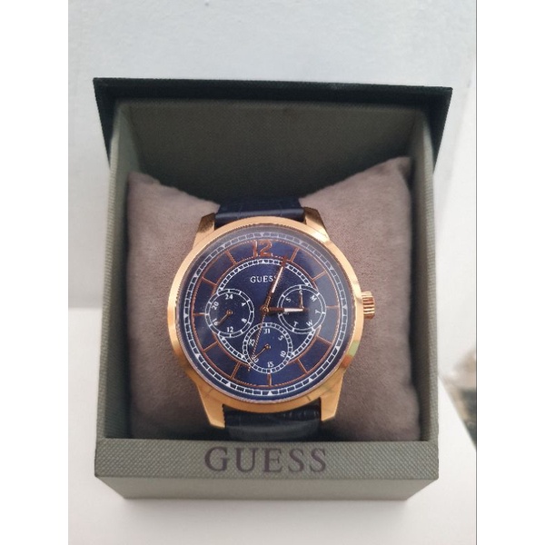 [PRELOVED] Guess W1306G1 Jam Tangan Pria Casing Gold Strap Leather Biru Jam tangan Kasual Quartz