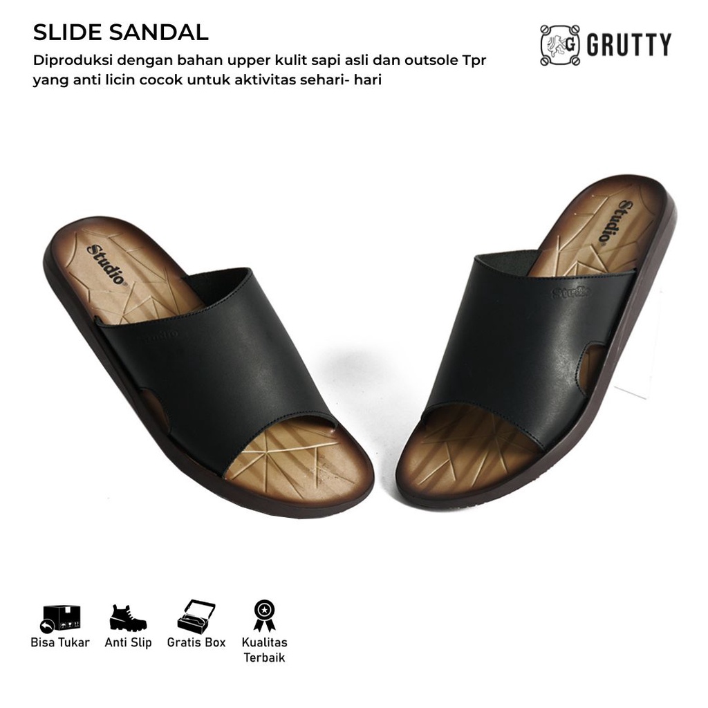 Sandal Kulit Slip On Pria Slide Sandals Hitam Studio