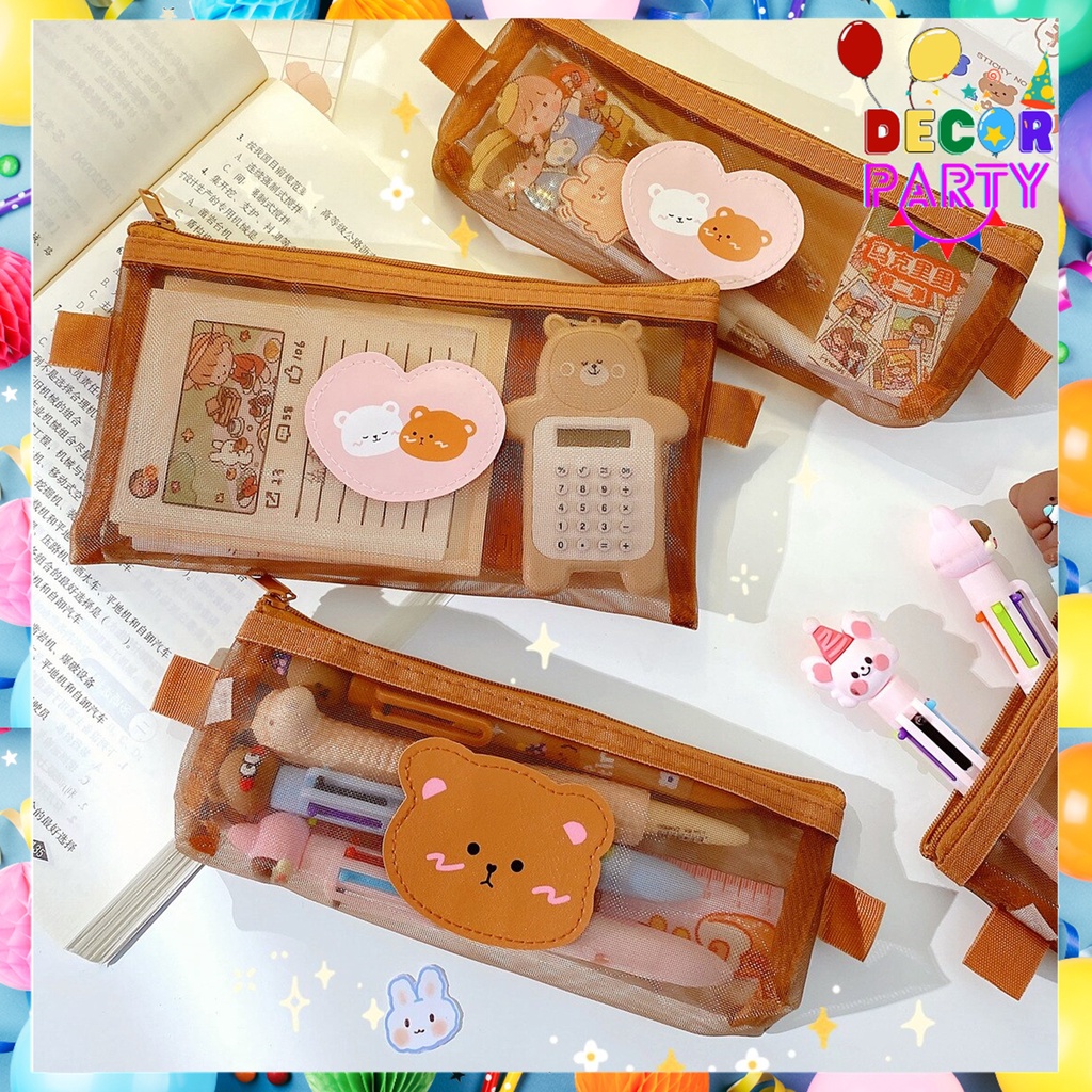 

DP Tempat Pensil Jariing Zipper Coklat Motif Beruang Coklat Dompet Pensil Lucu Motif Bear Tempat Makeup Teddy Brown Model Jaring Transparan dan Multicolour Cute