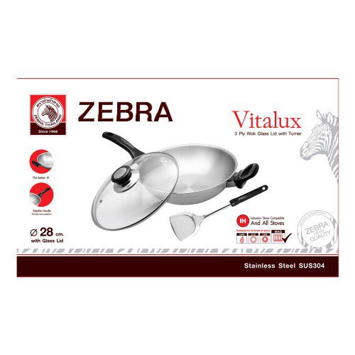 Wajan Zebra Stainless / Kuali Zebra Stainless / Teflon Zebra / 3ply Wok 28cm Vitalux Glass with Zebr