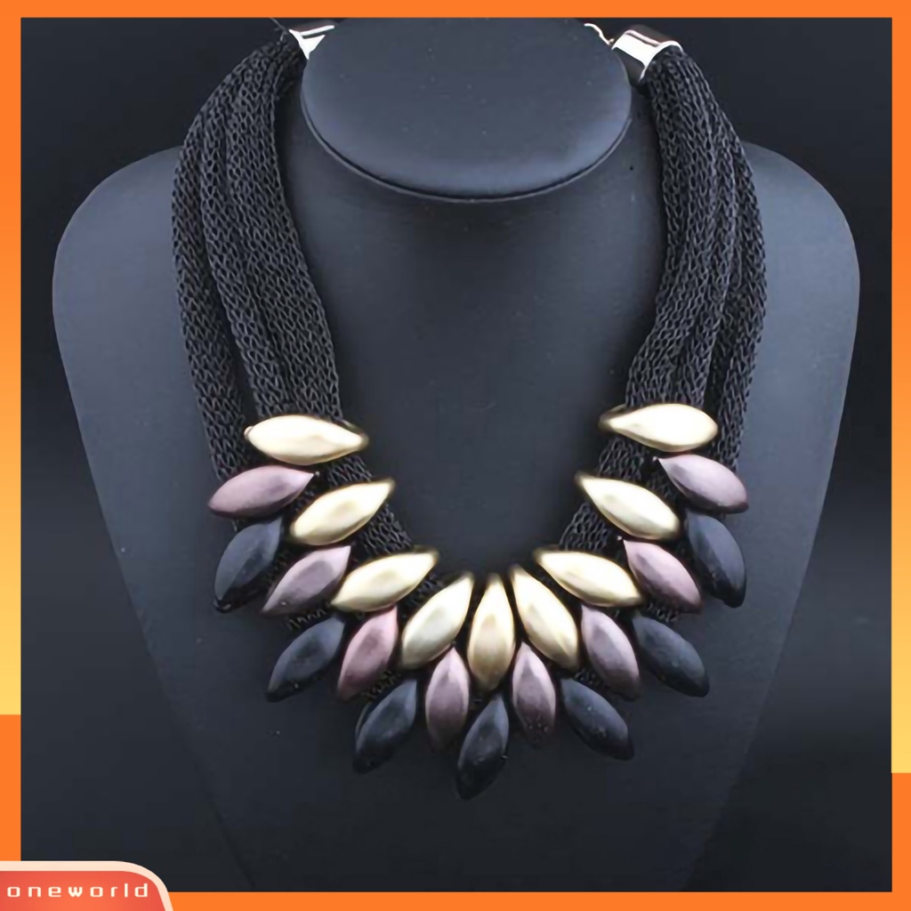 {oneworld} Bib Kalung Multi-layer Braided Alloy Liontin Daun Statement Choker Necklace Untuk Pesta