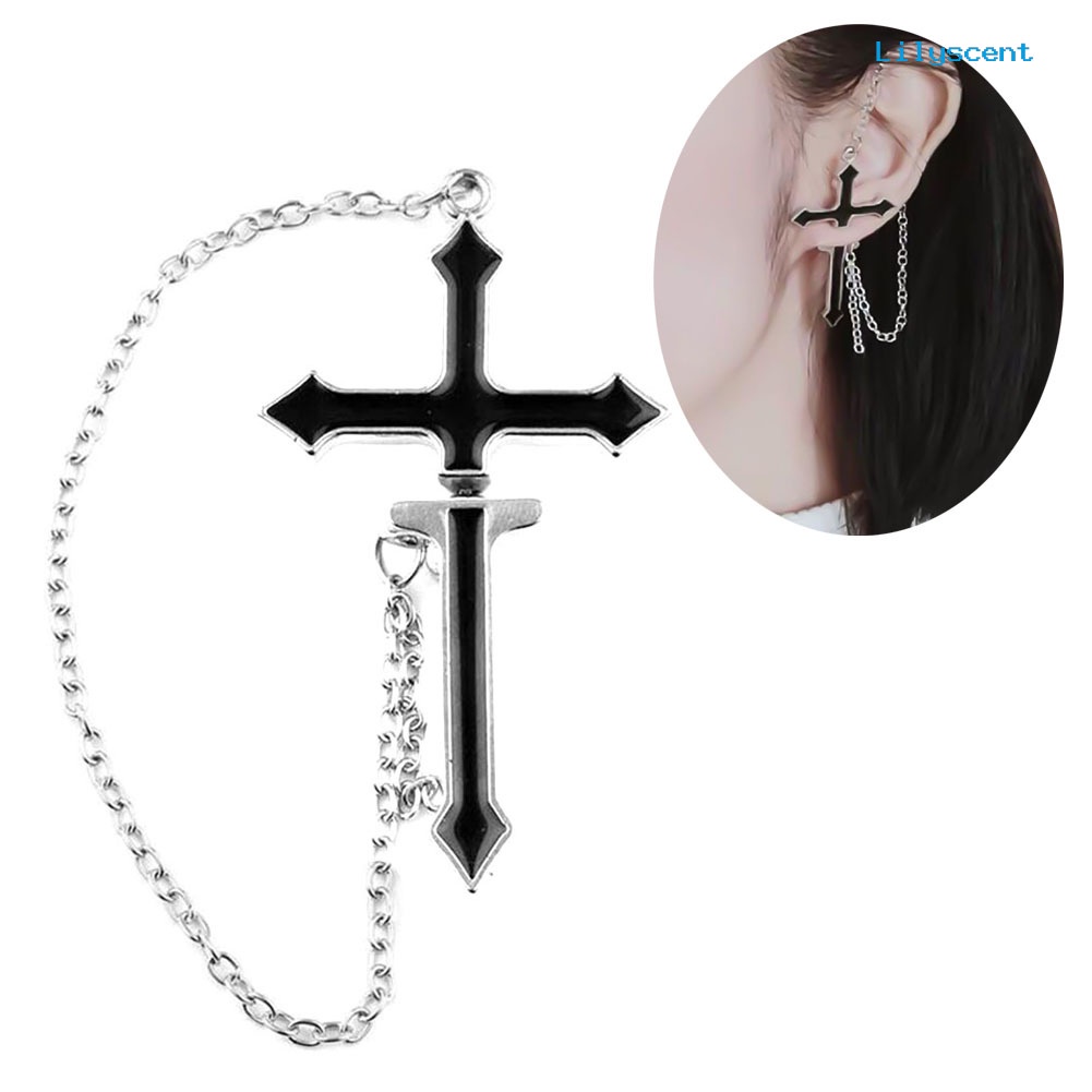 [LS] 1pc Unisex Punk Cross Drop Rantai Panjang Tulang Rawan Stud Anting Tindik Perhiasan