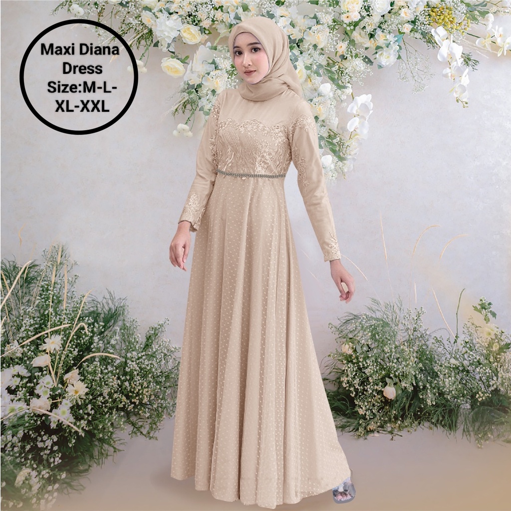 Pakaian Gamis Wanita Busui Model Terbaru Kekinian/Maxi Diana Dress 4 Size M-L-XL-XXL Matt Moscrepe Mix Brokat Mutiara Dan Tille Onde/Dress Kondangan/Dress Elegant