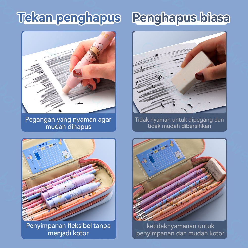 Sweetybayi Penghapus mekanik anak set Sliding eraser kartun Mechanic eraser dengan 2pc refill