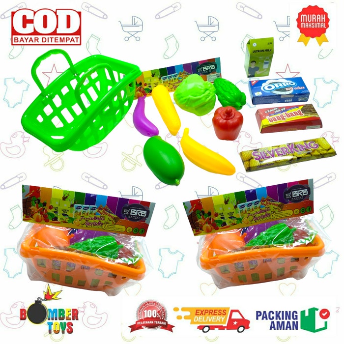 MAINAN ANAK KERANJANG BELANJA SUPERMARKET ISI BUAH DAN REPLIKA JAJAN