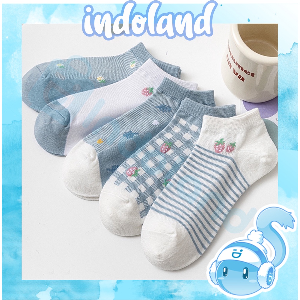 ☀INDOLAND☀ Kaos Kaki Pendek Wanita Semata Kaki Motif Daun Strawberry Biru KK029