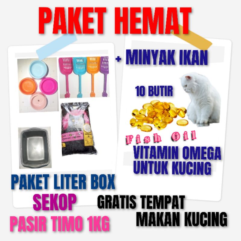 PAKET BAK PASIR + Sekop + 1KG Pasir Gumpal Wangi BENTONITE TIMO,TOP,TOTO GRATIS TEMPAT MAKAN KUCING + MINYAK IKAN VITAMIN OMEGA 10 BUTIR