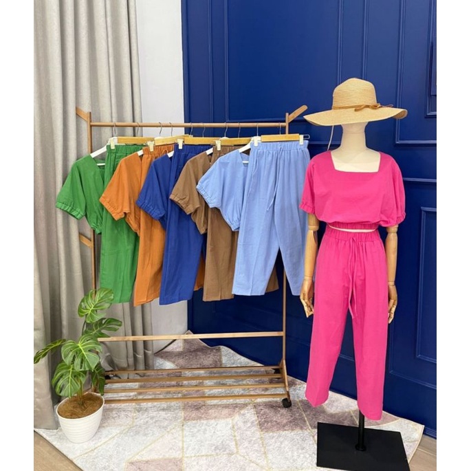 ♡ PREMIUM ♡ ORIGINAL ! ROXANNE 2 IN 1 SET SQUARE NECK CROP BLOUSE WITH PANTS / SETELAN ATASAN PENDEK &amp; CELANA