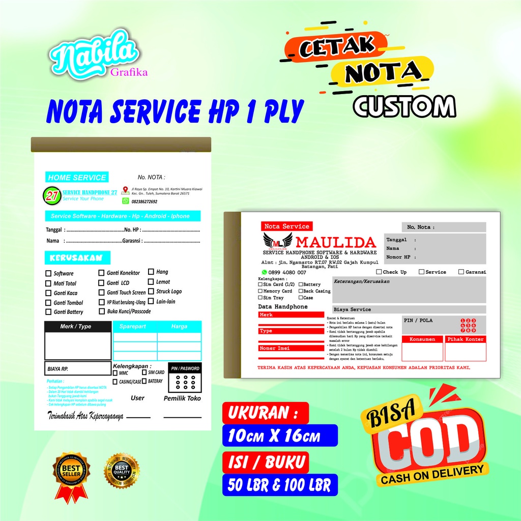 

Cetak Nota Custom 2 ply isi 50 lembar bon kontan service hp nabilagrafika