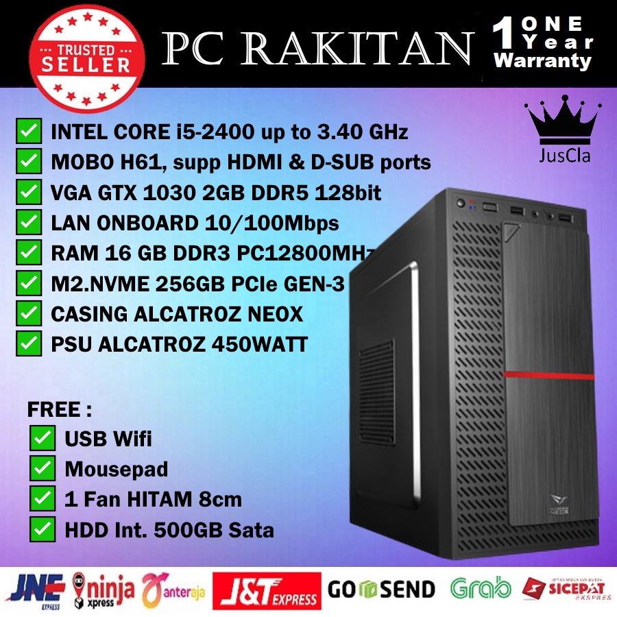 PC KOMPUTER INTEL CORE i5-2400 3,4GHz|RAM 16GB|NVME 256GB|VGA GT1030 2GB|HDD 500GB SATA|WiFi
