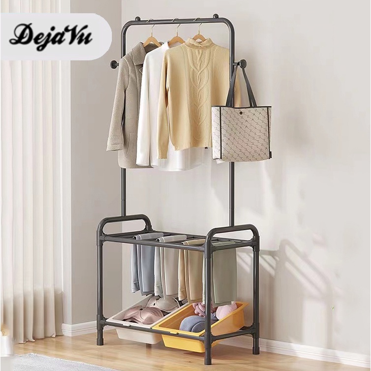 Dejavu Stand Hanger Gantungan Baju Dengan Rak Sepatu Susun Tempat Penyimpanan Hanger Pakaian Organiz