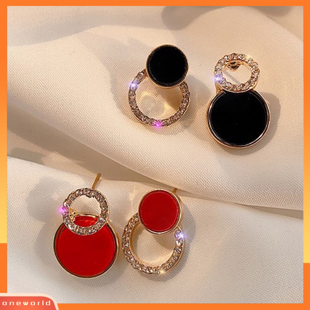 {oneworld} 1pasang Anting Lady Bulat Berlian Imitasi Asimetris Hollow Out Stud Earrings Untuk Hadiah