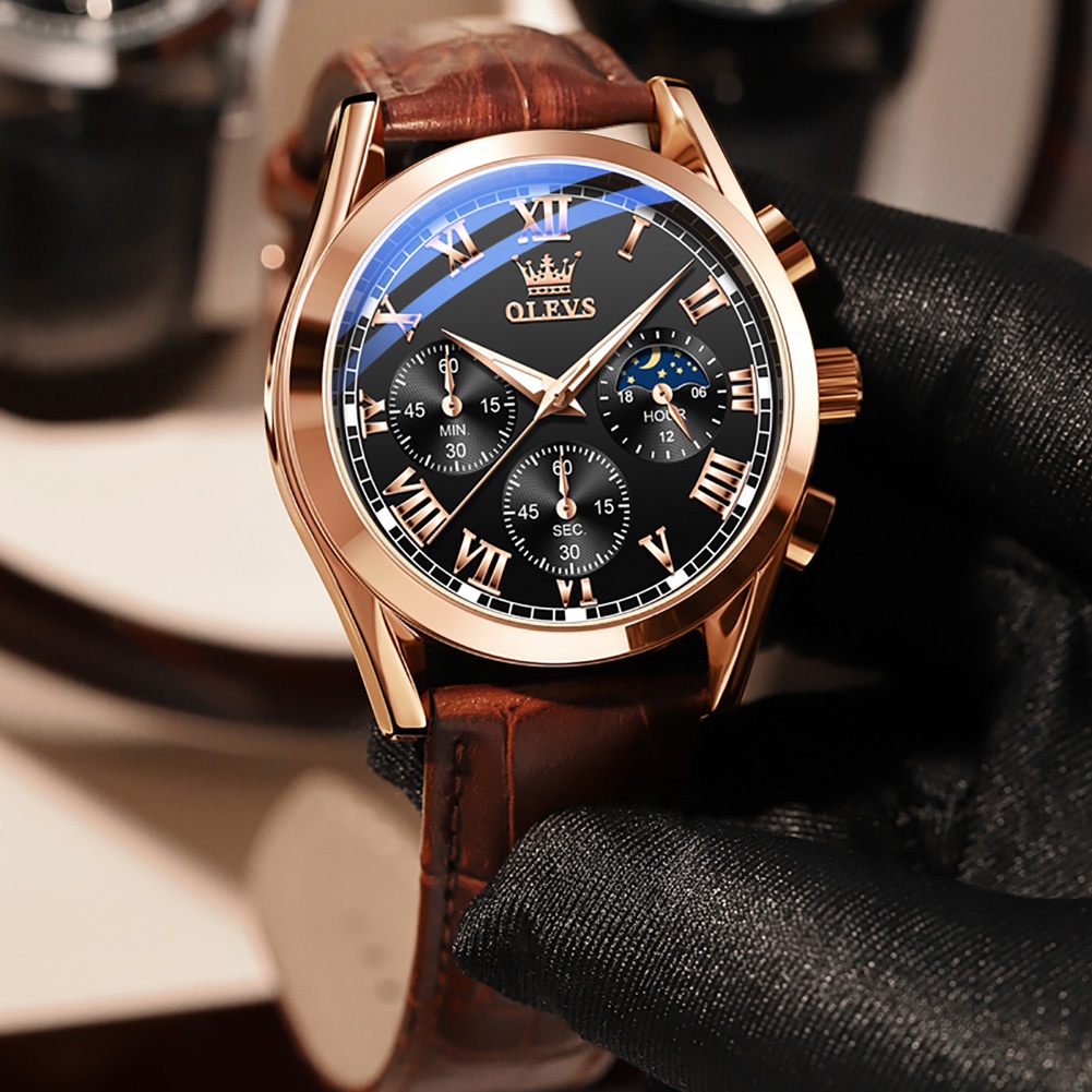 OLEVS Jam Tangan Pria Original Anti Air Kulit Tahan Keren Luxury Chronograph Watch Men Multifungsi Hitam Coklat Cod