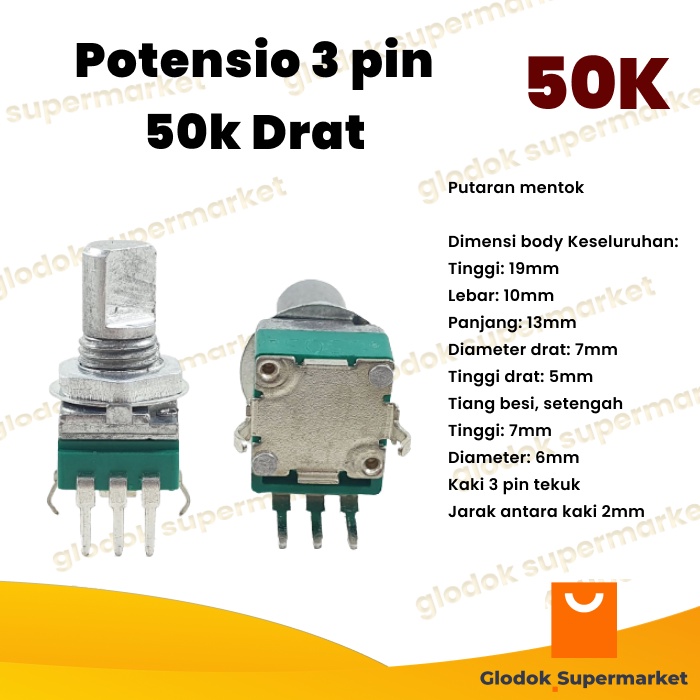 Potensio 3 pin 50k Mono Drat Kaki 3 Tekuk Segi Hijau 503