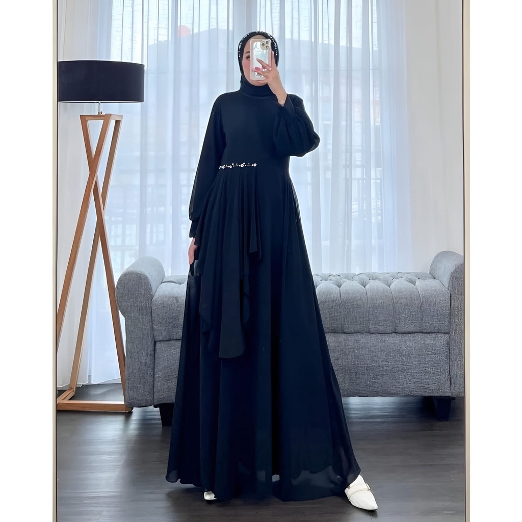 Baju Gamis Wanita Dewasa Zoya Dress Bahan Ceruty Babydoll Premium Mix Furing LD 110Cm Fit To XL Jumbo Aksen Rempel Dan Payet Kekinian