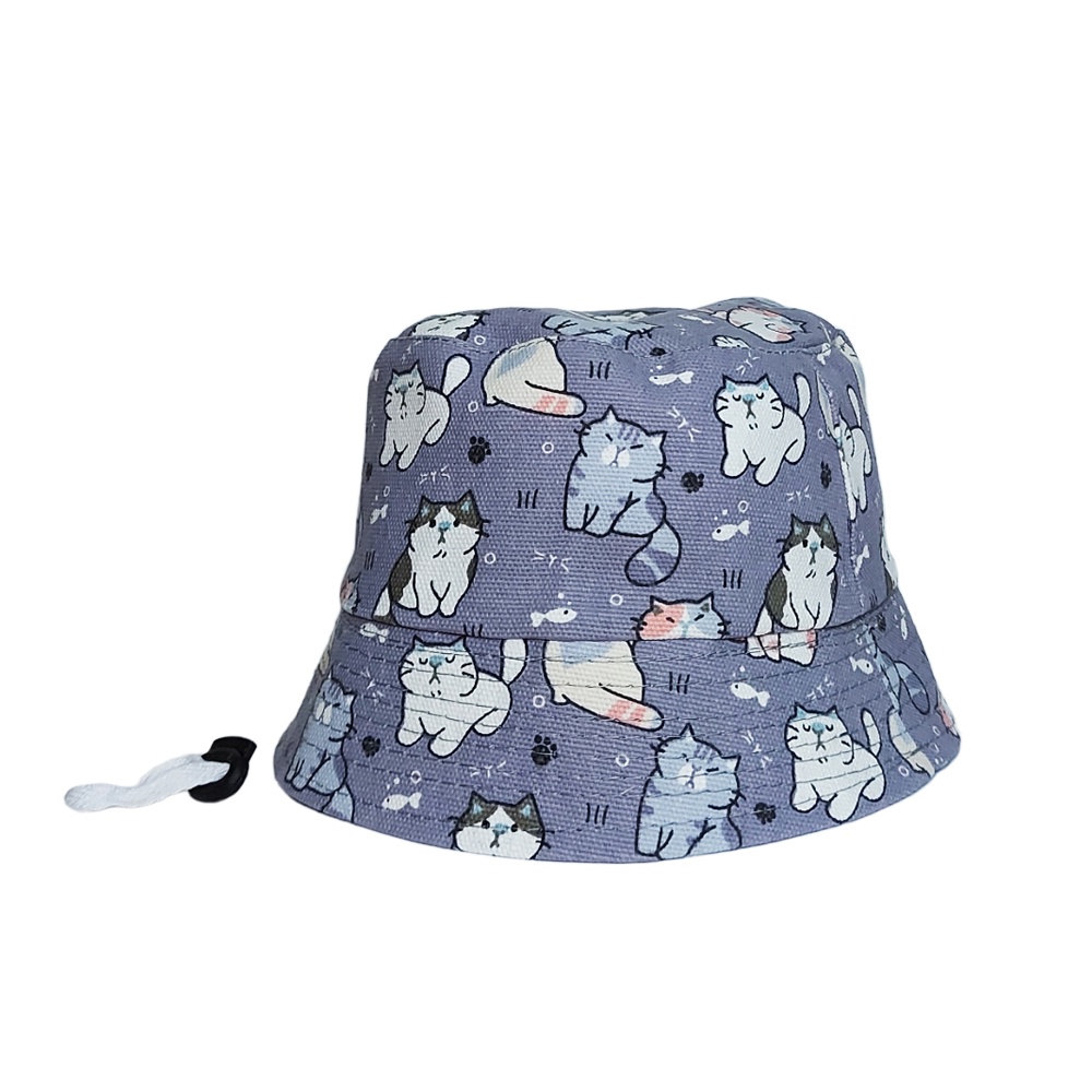 Topi Bucket Anak Tali Bahan Canvas Motif Kucing Usia 2 - 7 Tahun